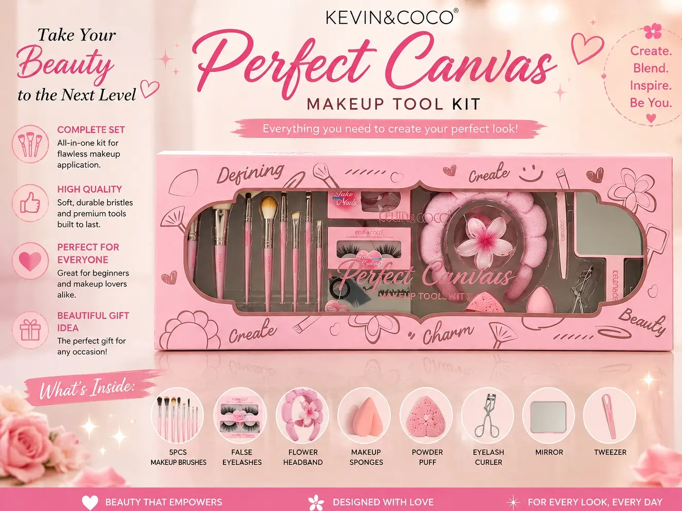 KEVIN&COCO All-in-1 Beauty Essentials Set, Makeup Tool Kit with Sponges & Tweezer for a Flawless Finish, Pink Case for All Skin Types, Gift Idea for Adults, Beautiful Gift Idea, Beginners