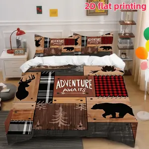 2D Flat 3Pcs Rustic Cabin Duvet Cover, Adventure Awaits Printed Bedding with Deer, Bear, Plaid & Tree Patterns, Soft Microfiber Bed (1 + 2 Pillowcases, Unfilled) for Bedroom Decor, Cozy Forest Theme.