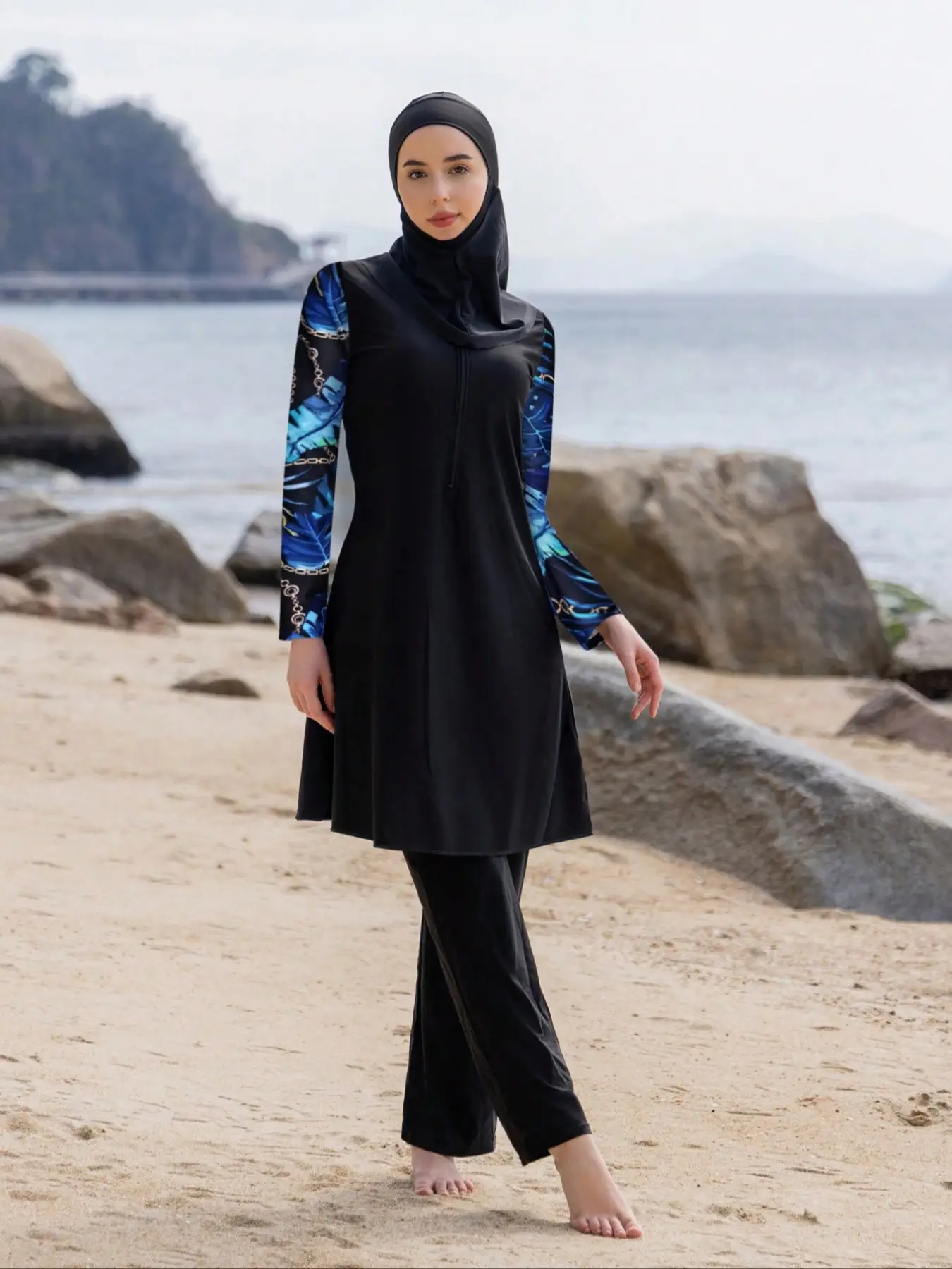 Women's Plants Print Long Sleeve Swim Top & Swim Bottom & Swim Hat Islamic Swimwear Set, Modest Muslim Swimwear Set for Beach Holiday Vacation, Ladies