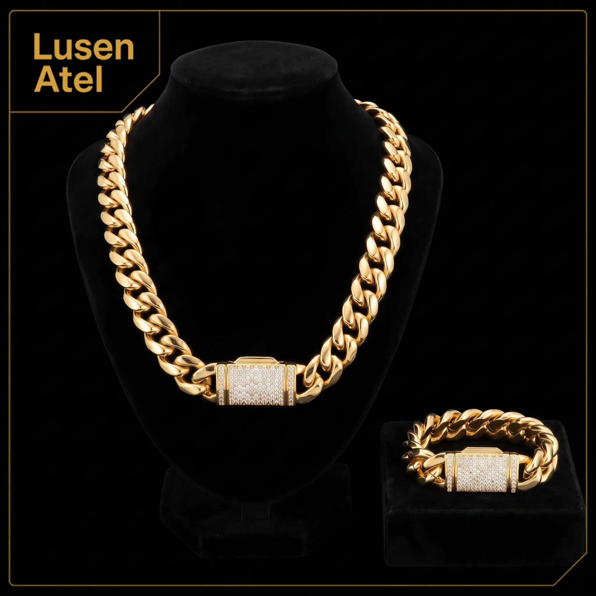 14K Gold Plated Iced Box Clasp Cuban Link Chain Necklace or Bracelet for Men Women, Stainless Steel Miami Cuban Chain, 8mm-22mm Wide, 7.5-30 Inch Hip Hop Jewelry