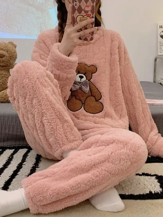 Cartoon Bear Fuzzy Pajama Set, Long Sleeve Crew Neck Top & Elastic Waistband Pants, Women's Sleepwear & Loungewear