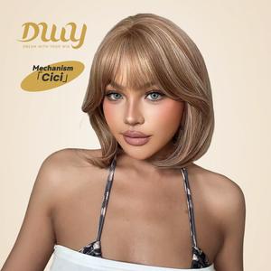 Cici-DWY 14in Short Bob Synthetic Full Machine Wig for Women, Light Brown with Blonde Highlights, Glueless, Daily Wear Wig, Glueless Wig