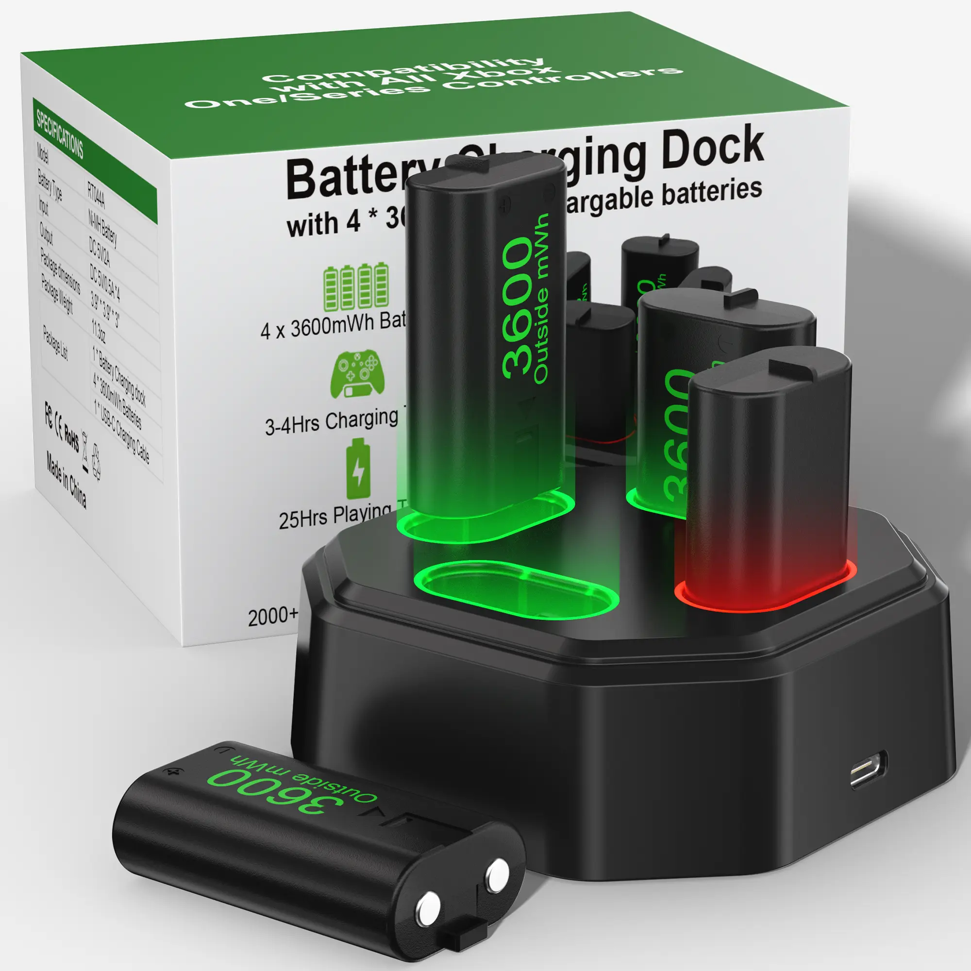 RUNTOGOL Xbox Controller Rechargeable Batteries (4x3600mWh) with Fast-Charging Dock, Compatible with Xbox 1/ elite Series X-S, LED Glow, Overheat Protection Gaming Console Accessory
