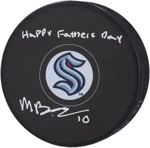 Matty Beniers Seattle Kraken Autographed Hockey Puck with "Happy Father's Day!" Inscription - NHL Auctions Exclusive - Fanatics Authentic Certified
