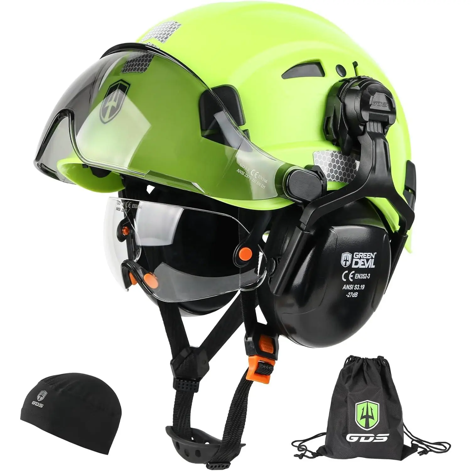 Unisex 6-in-1 Vented Construction Hard Hat Helmet with Dual Layer Visor (Clear + Tinted), 27dB NRR Ear Muffs, Adjustable Ventilation, 6-Point Suspension, Adjustable Universal Fit for Industrial, Forestry Work, Adjustable Fit