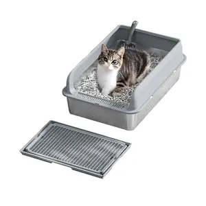 Stainless Steel Cat Litter Tray, 30 L Large Capacity Cat Litter Tray with High Side Walls for Large Cats, Non-Stick Base, Leak-Proof Cat Litter Trays with Double Layer Mat and Scoop, 60 x 40 x 30cm