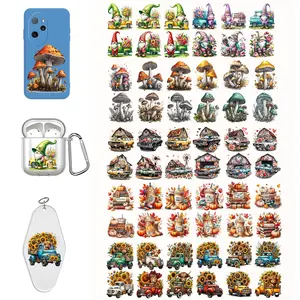 60pcs Mixed Styles UV DTF Cup Wraps and Iron On Transfers: 5 Designs Include Leaf Flower Gnomes Trucks, Autumn Coffee Cup, Country Car, Flower Leaf Mushroom, and Bowtie Flower Rose - Waterproof Rub on Stickers for DIY Crafts on Glass Cups, Water Bottles