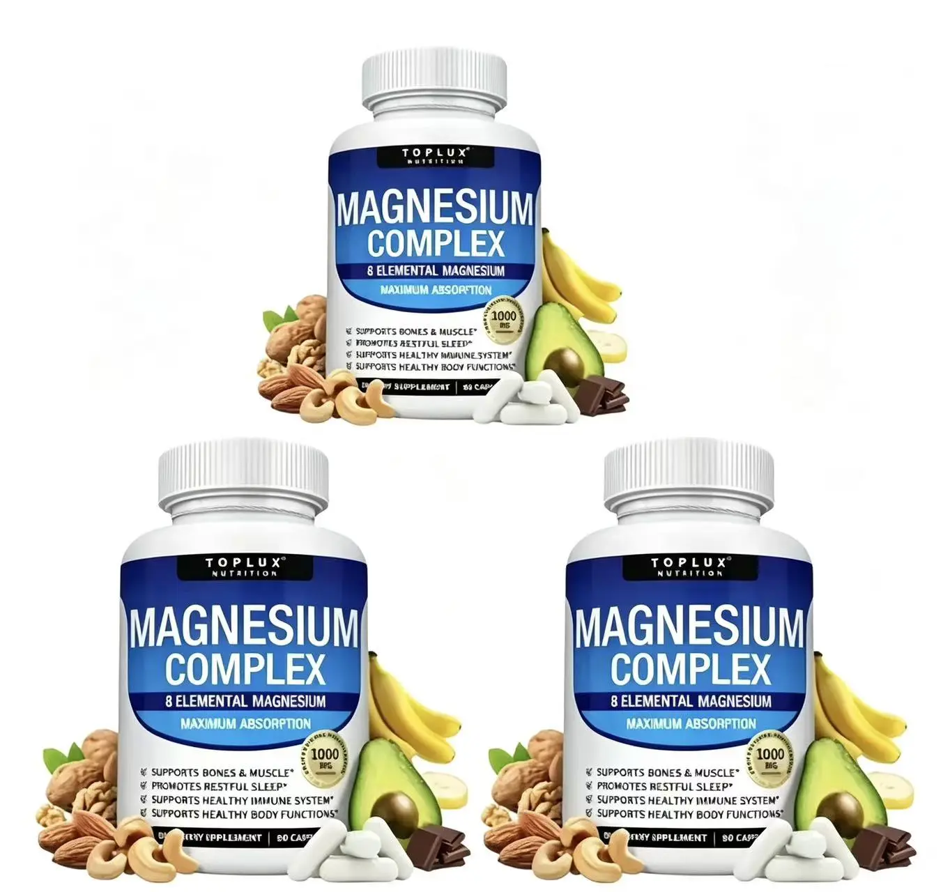 【3 PACK】 Daily nutrition - Magnesium 8 Elemental Complex 90 Capsules 1000mg - Sources Men Women Bone Muscle Sleep Immune Support Nature Decent Fitness Dietary Supplement