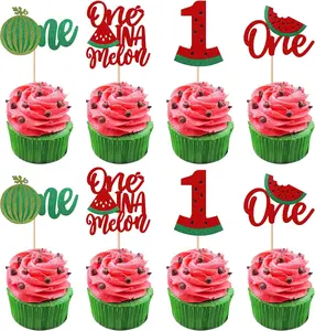 24 Pack Glitter Watermelon Cupcake Toppers One in a Melon Cupcake Picks Decorations for First Birthday Watermelon Themed Baby Shower Kids 1st Birthday Party Cake Decorations