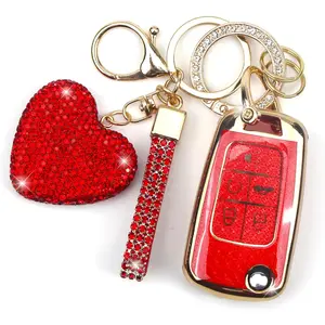 Key Fob Cover with Diamond Keychain for Women, Car Key Holder Compatible with Chevy Cruze Camaro Malibu Equinox Impala GMC Buick Encore Regal Flip Folding Protector, 5 Buttons (Red-Heart)