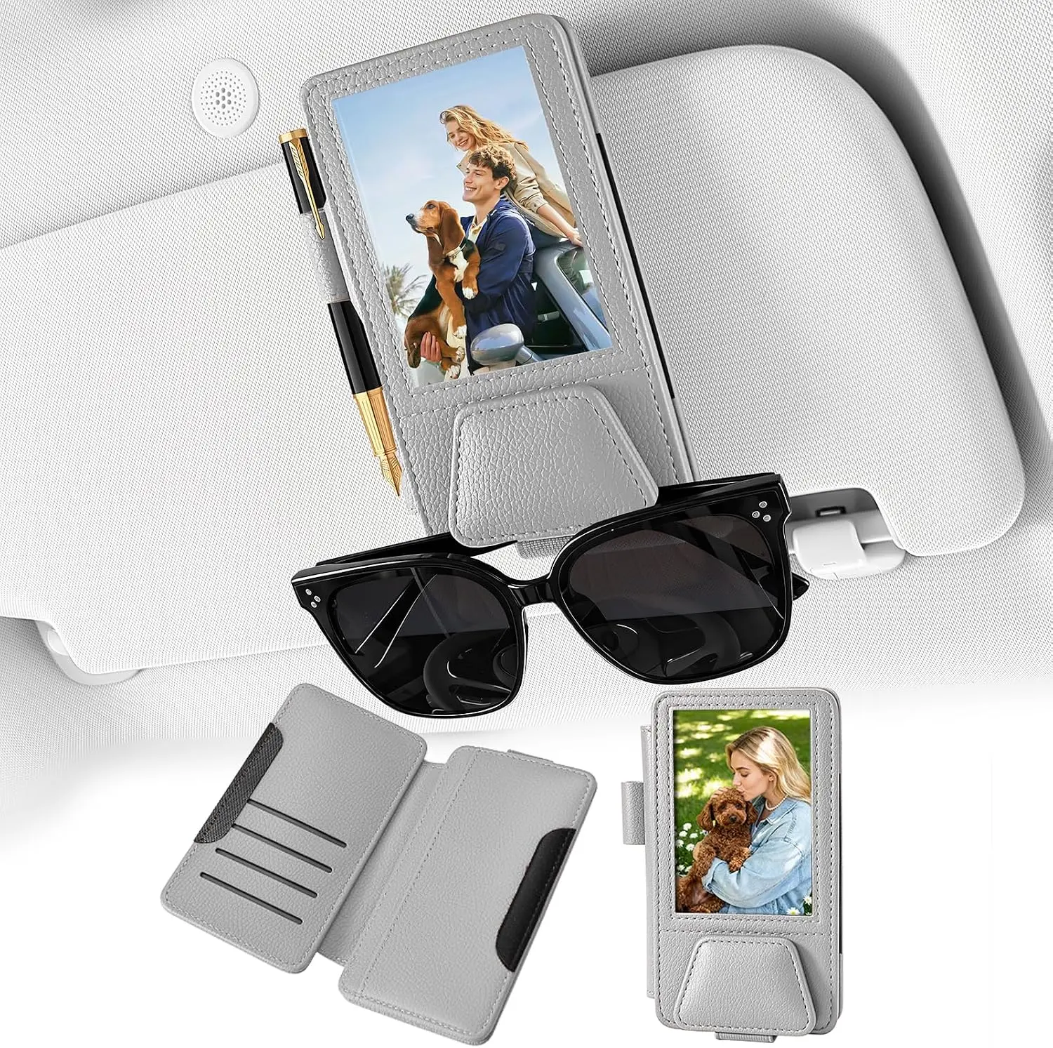 HOLDCY Car Visor Registration Holder with Sunglasses Clip, 3-in-1 Organizer | Insurance Card Sleeves, Leather, Photo Holder, fits Standard Car, Truck & SUV Visors, 1 pc Grey