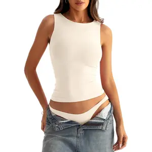 Women's Seamless Boat Neck Sleeveless Double-Layered Casual Tank Tops - Cotton Base, Minimalist Summer Womenswear, Mock Neck Sweatshirt, Apricot