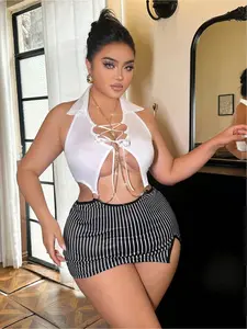Plus Size Sexy Costume Striped Nightdress Bodysuit, Cosplay Secretary Outfit, Sheer See-through Hollow Out Tie-up Wire-Free 2-Piece Set Including Dress and Thong, Suitable for Private Parties lenceria sexi mujer