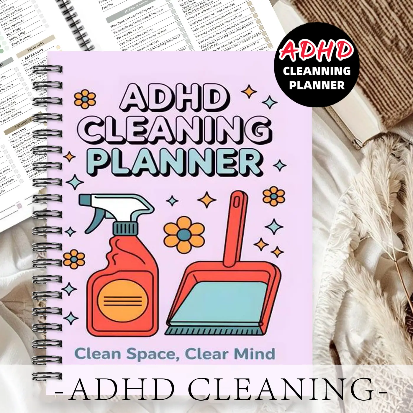 1pc ADHD Cleaning Planner Themed Subject Notebook, Minimalist Purple Style - for Housewives, Light Purple Background with Cleaning Tool Patterns. Record Cleaning Plans. Cleaning Log Book, Daily Management Book. Daily Task Scheduling. 5.5x8.3 Inch Notebook