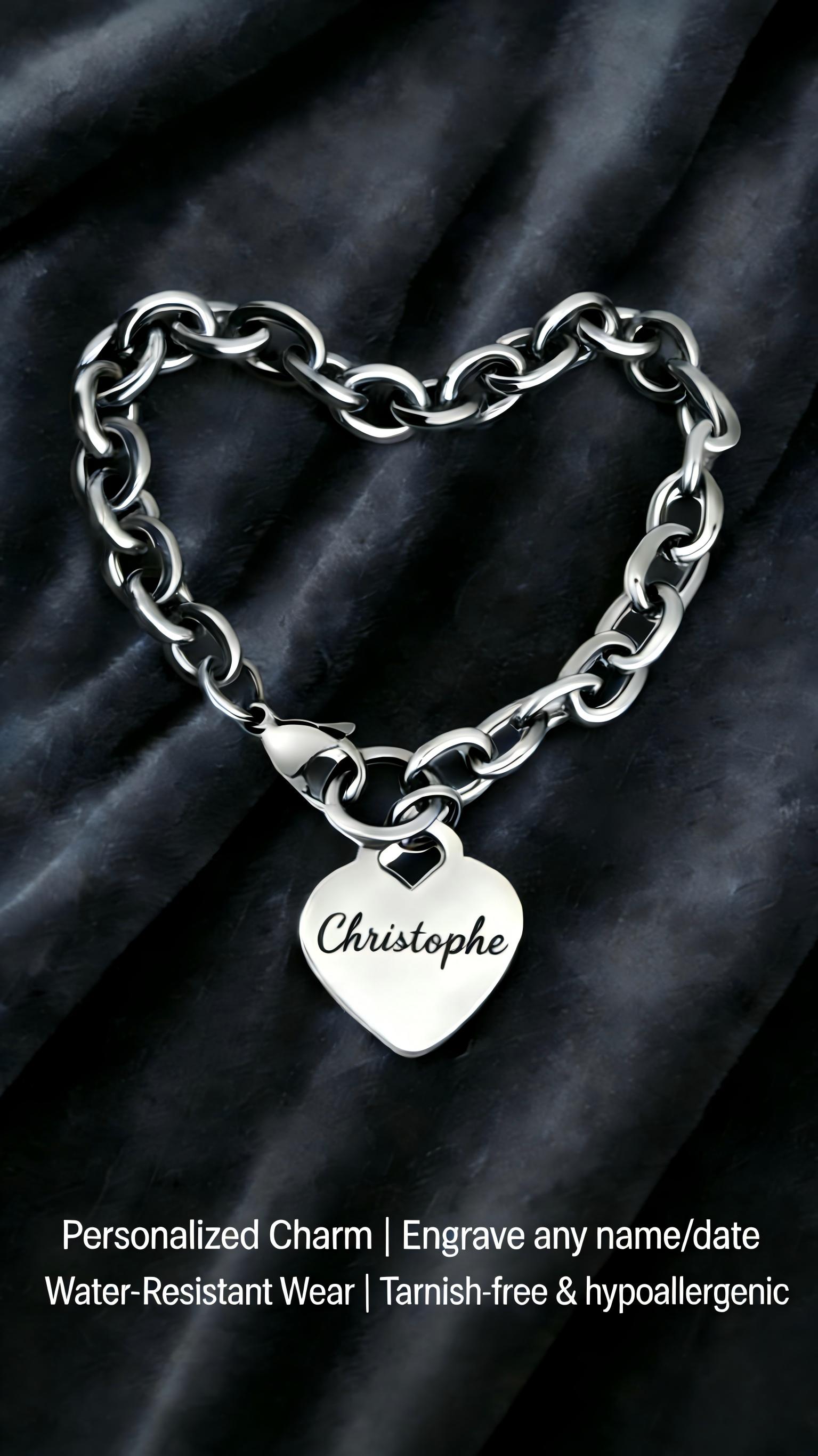 Personalized Engraved Heart Bracelet, Custom Name Jewelry for Men & Women, Waterproof Tarnish Free Stainless Steel Bracelet, Minimalist Gift for Him & Her