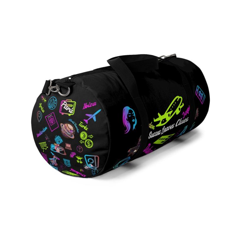 Black Neon Travel Duffle Bag  Custom 'Success Leaves Clues' Design with Vibrant Travel Icons"