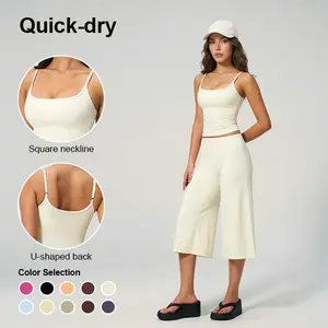 GIAFIRE Women’s two-piece set made from quick-dry fabric featuring wide-leg capris—casual outfit suitable for leisure, yoga, sports, and fitness.