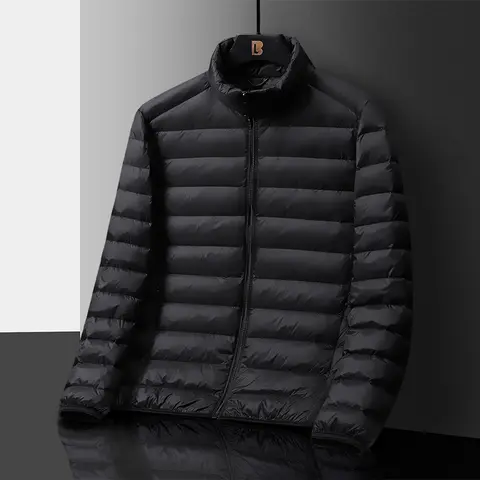 Men's Black Stand Collar Long Sleeve Fitted Stylish Lightweight Packable Puffer Jacket - Men's Winter Jackets, Menswear Tops, Warm Outerwear