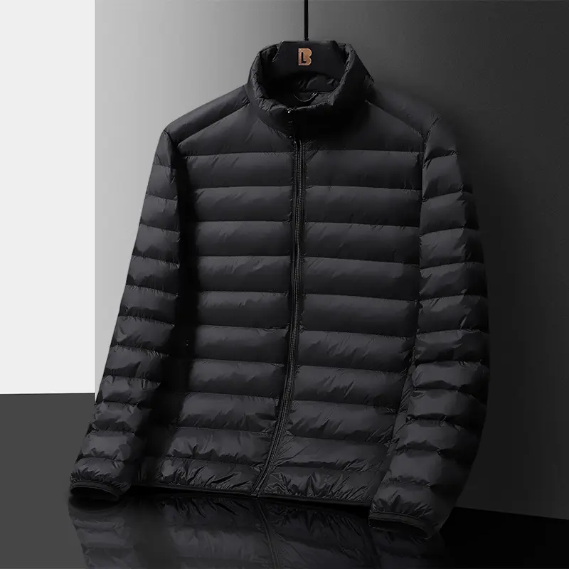 Men's Black Stand Collar Lightweight Puffer Jacket, Slim Packable Warm Winter Coat