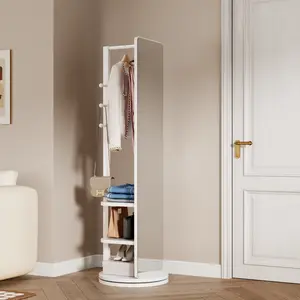 360° Rotating 66"x17.8" Multifunctional Full Length Mirror with Hook Storage Rack Coat Rack with Mirror Solid Wood Floor Mirror Bedroom Living Room Cloakroom Space Saving