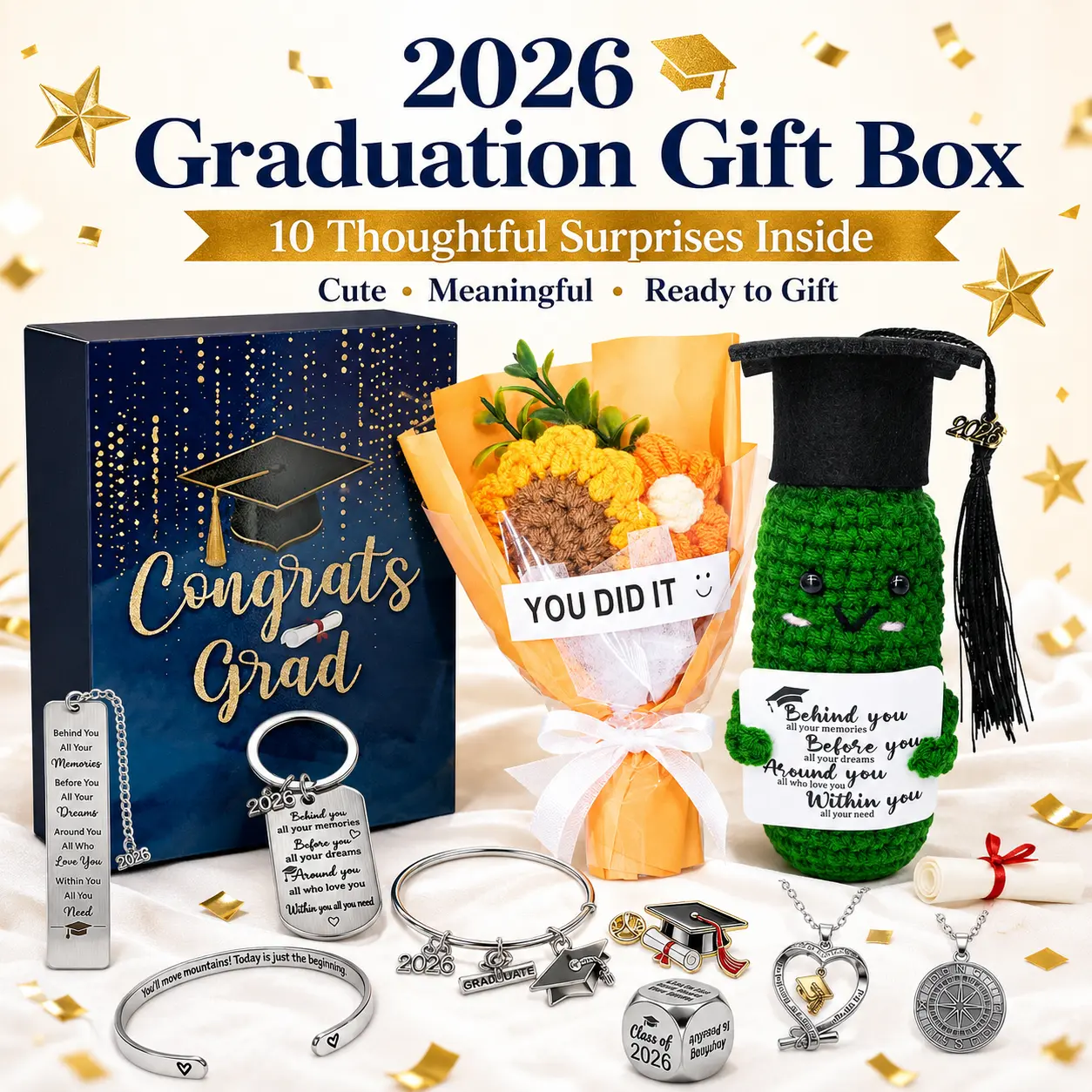 2026 Graduation Gift Box – 10pcs Surprise Keepsake Set | Cute Pickle Doll, Jewelry, Keychain, Bracelet & Inspirational Gifts for High School & College Grads