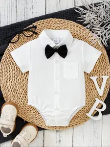 Short Sleeve Bow Tie Shirt Jumpsuit for Boys, Baby Boy Clothes, Formal Elegant Style, Collar, Decorative Bow Tie, Chest Pocket, Button Closure