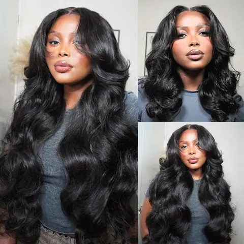 Amanda Hair Glueless Loose Wave Wig with Curtain Bangs 6x4 Pre Cut Pre bleached Body wave wig 13x4 Lace Frontal Wig For Women