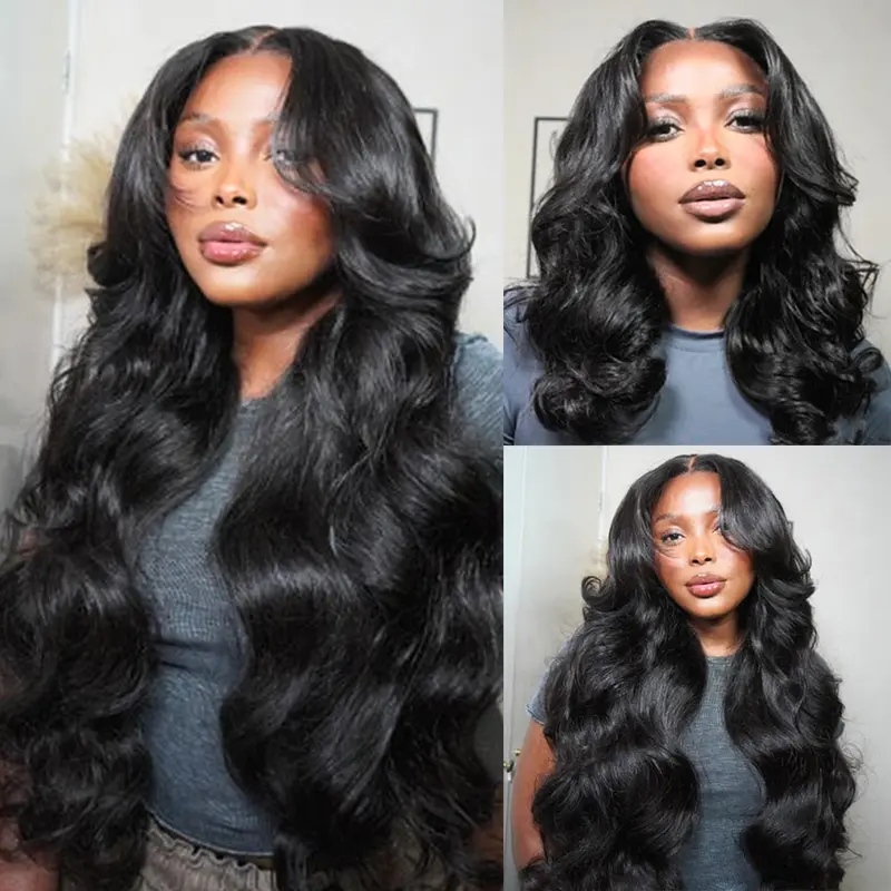 Amanda Hair Glueless Loose Wave Wig with Curtain Bangs 6x4 Pre Cut Pre bleached Body wave wig 13x4 Lace Frontal Wig For Women