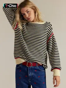 Stylish Casual Color Block Stripe Knit Sweater Top for Women, Thick Loose-Fitting Long Sleeve Round Neck for Fall & Winter