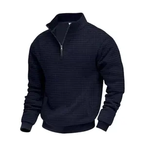 Men's solid-color knitted waffle texture quarter zipper long-sleeved pullover sweatshirt hoodie - A stand-up collar casual pullover with pockets, a warm and soft fabric base layer suitable for daily and outdoor wear,boyfriend christmas gifts