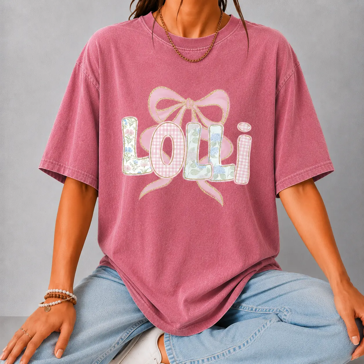 Comfort Colors Floral Lolli Shirt, Spring Tee, Trendy Mom T-Shirt, Women's Flower Lolli Shirt, Pregnancy Reveal Gift, Blue Pink Bow Shirt for Mom - Ahri Clothing