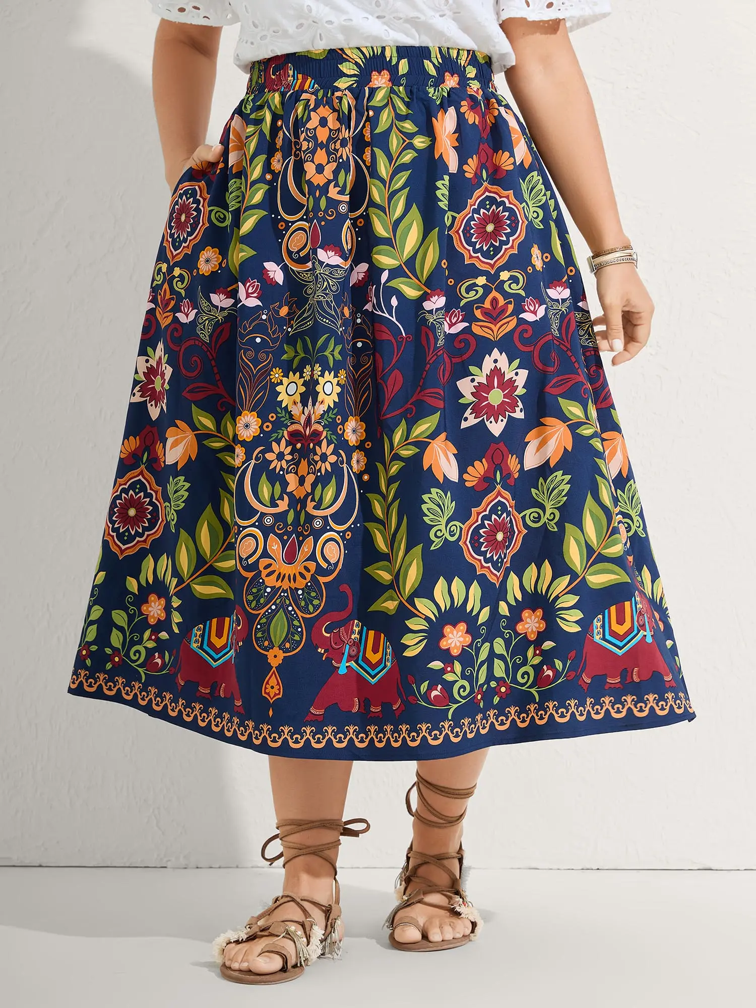 BLOOMCHIC Women's Plus Size Fitted Ditsy Floral Midi Skirt - Minimalist Summer Bottoms with Turn-Up Hem, Pockets, Indigo Low-Stretch Polyester Blend Fabric (98% Polyester, 2% Spandex), Multi-Size [M-6X] Long Skirts Summerfinds, Midi Skirts
