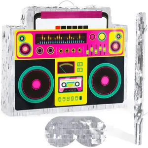 Boombox Pinata with Stick Blindfold 80s Hip Hop Mexican Pinata Game for Back to the 80s Party Large Radio Gifts 70s Theme Birthday Party Decorations Supplies