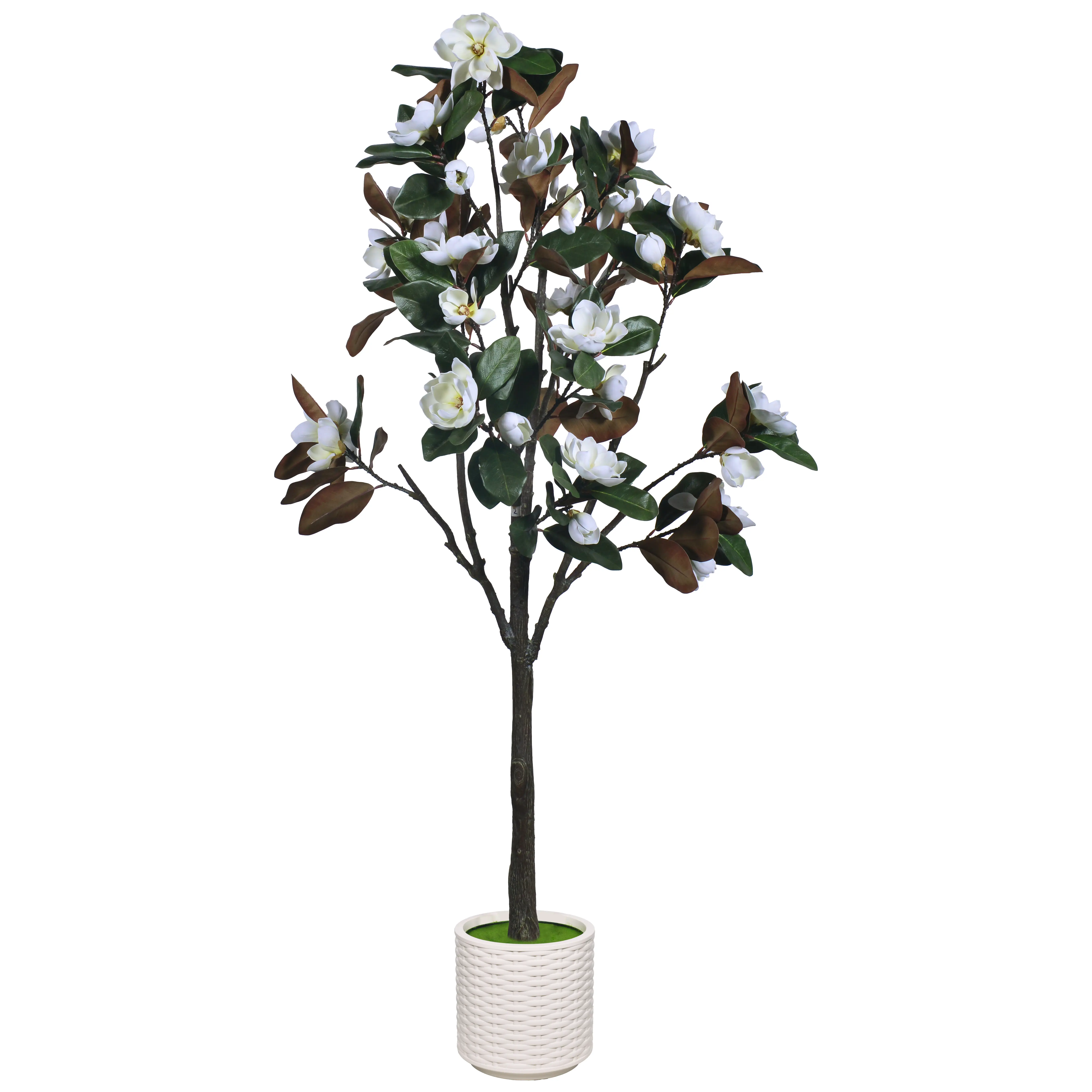 Casvik 6ft Silk Blend Artificial Magnolia Flower Tree - Pre-potted with 1x Upper Canopy, 1x Lower Trunk, White Planter, Adjustable Leaves, Wired Branches, Easy Plug-in Stem, Modern-Design-Style Home Decor Flowers for Indoor Floor Centerpiece, Iron, Decora