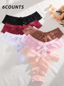 6-Piece Set Low-Waist Breathable Lace Panties with Cute Large Bow Design, Elegant Fitted Drop Waist Underwear for Daily Use, S-Xxl