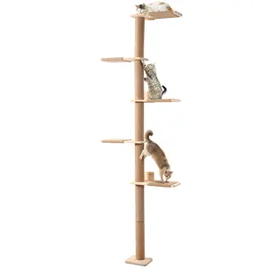 PetCozife Tall Cat Tree, 5 Tier Floor To Ceiling Cats Tower, Wall-Mounted Kitten Scratching Post, Wild Simulation Kittens Wall Shelves, Suitable For Climb, Scratch, Lookout And Play