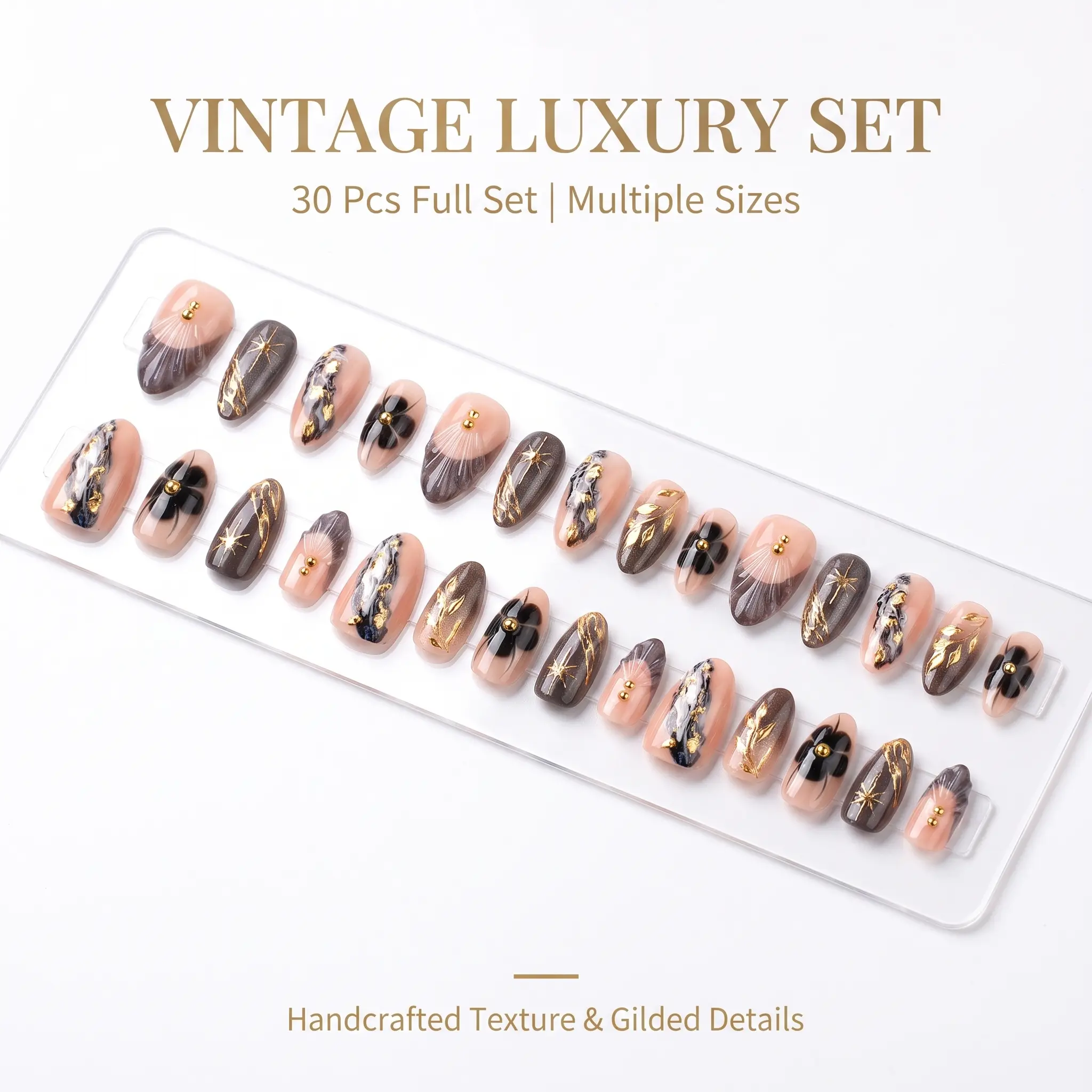 Retro Gold Accent Coffee Nude Press On Nails | Reusable Glossy Fake Nails | Zatvios