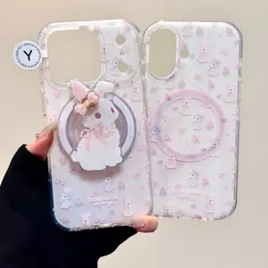 MagSafe Cute Rabbit Bow Ribbon Phone Case For iPhone 17 16 15 14 13 Pro Max Pink Aesthetic Grip for Girls with Adorable Bunny Design