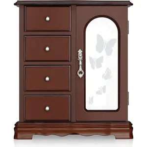 Box - Made of Solid  with 4 Drawers Organizer and Built-in Necklace Carousel and Large Mior Brown