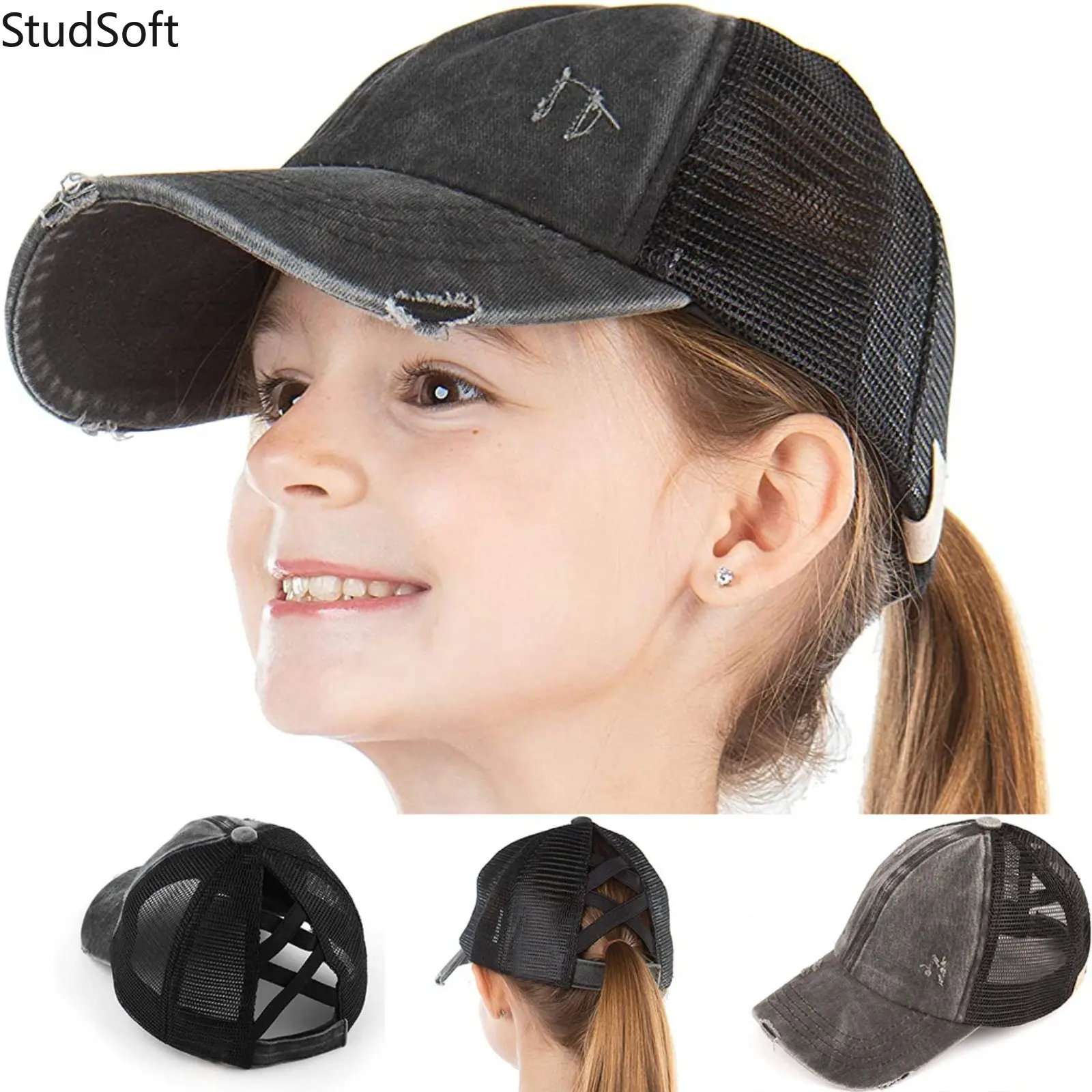 2026 New Cotton Casual Sports & Outdoor Hat for Children Aged 4–10, Washed-Distressed Baseball Cap with Ponytail Hole, Adjustable Rainbow Gradient Mesh Sun Hat (Sports & Outdoor Accessory)