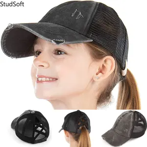 2026 New Arrival: Girls' Washed & Distressed Baseball Cap with Ponytail Opening — Rainbow Gradient Mesh Sun Hat