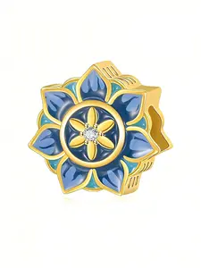 Elegant Copper Plated Blue Lotus Charm, Zircon Embedded Floral Design, Vintage Style Jewelry Gift for Girlfriend and Mom