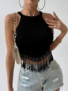 New Elegant Fringe Vest Short Sleeve Slim Fit Bodycon Crop Top, Women's Fashionable Revealing Belly Shirt, Stylish, Chic and Comfortable, Cropped Sleeveless Top