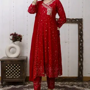 Festival Collection Red Georgette Embroidery Three Pieces Anarkali for Stylish Wear Clothes Womenswear Suits Top Pants