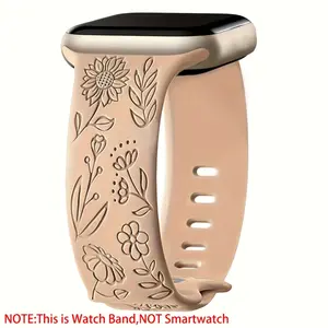 Floral Engraved Soft Silicone Watch Band, Cute Flower Design Wrist Strap Designed for Women Compatible with Apple Watch Ultra and All Series Models (No watch)