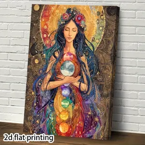 1pc Gaia Goddess Wall Art - Bohemian Celestial Earth Goddess Painting with Deep Blue & Golden Tones, Wrapped Canvas Framed Print Suitable for Living Room, Bedroom, Office - Natural Soul Art, 2D Flat Goddess Art Print, Perfect Room Decoration