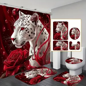 Polyester Rose Leopard Shower Curtain Full Set - 4pcs Bundle with 12 Non-Slip Plastic Hooks, Toilet Lid Cover, for Home, Autumn Farmhouse Bathroom Decor