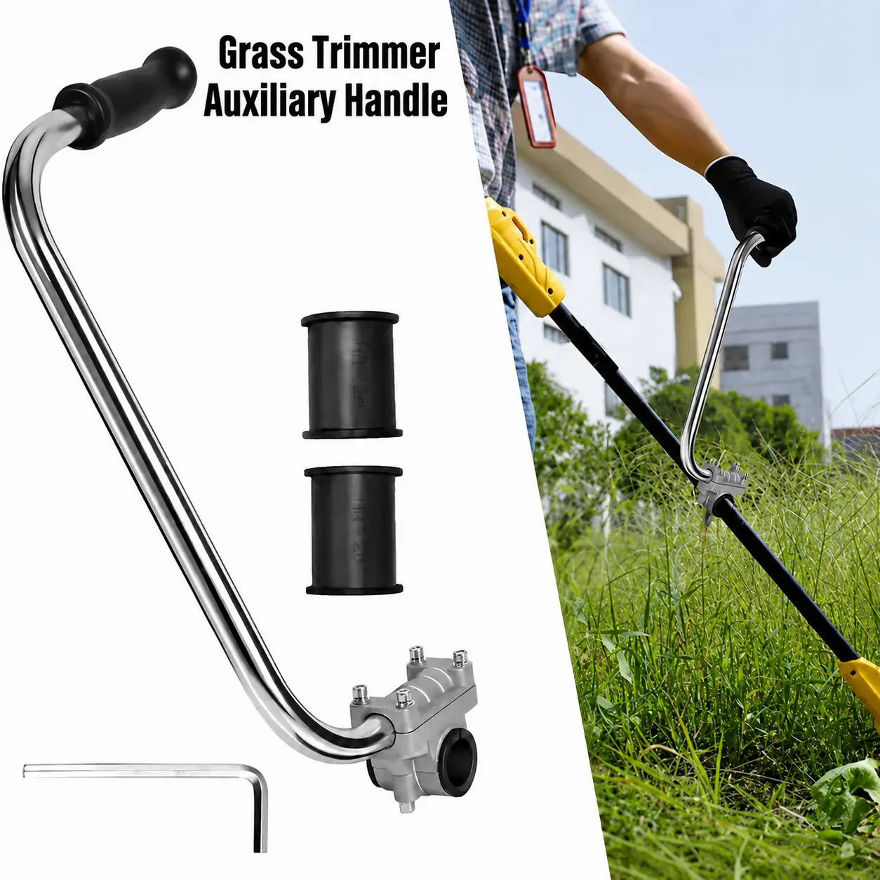 Adjustable Aluminum Alloy Universal String Trimmer Auxiliary Handle (26/28mm) with Adjustable Clamp, Adapter Sleeves, Ergonomic Grip - Weed Eater Handle for 26/28mm String Trimmers, Lawn Care Garden Tools Parts
