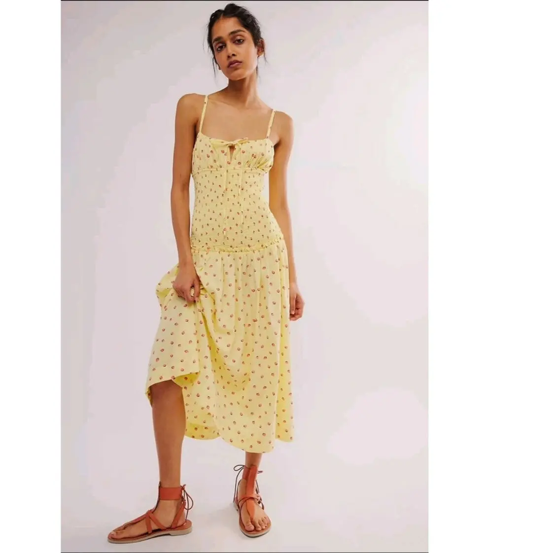 FREE PEOPLE Lavender Daze Dress MIDI LARGE Yellow Strawberry
