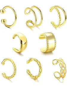 8 Pcs Golden Diverse No-Piercing Ear Cuff Collection for Women Men Sleek Copper Jewelry Set Versatile Minimalist Textured Silhouettes Varied Designs Smooth Plain Cuffs Twisted Braided Chain-inspired Styles for Daily Layering Trend Fashion Matching